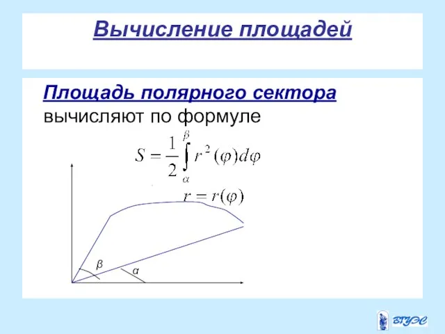 Вычисление площадей Площадь полярного сектора вычисляют по формуле . α β