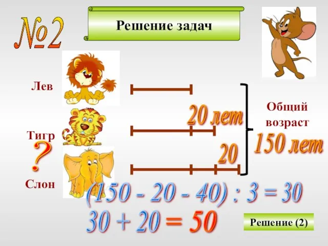 Решение задач Решение (2) Лев Тигр Слон Общий возраст 20 лет 20