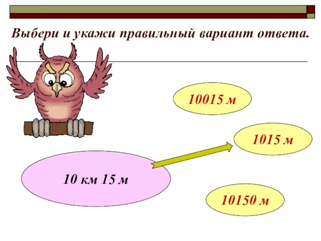 Выбери и укажи правильный вариант ответа. 10 км 15 м 10015 м 1015 м 10150 м