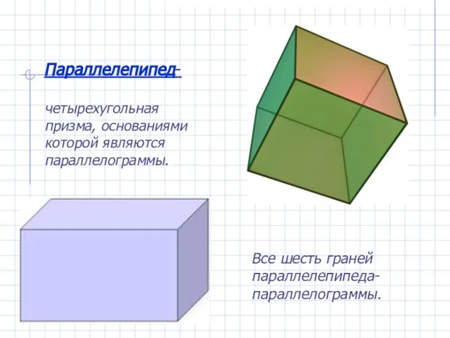 Параллелепипед- четырехугольная призма, основаниями которой являются параллелограммы. Все шесть граней параллелепипеда- параллелограммы.