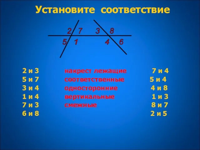 Установите соответствие 2 и 3 накрест лежащие 7 и 4 5 и