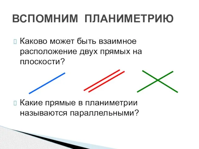 ВСПОМНИМ ПЛАНИМЕТРИЮ Каково может быть взаимное расположение двух прямых на плоскости? Какие