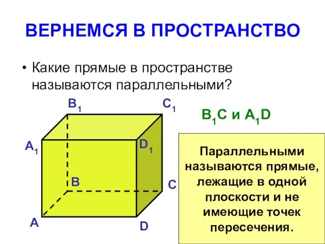 ВЕРНЕМСЯ В ПРОСТРАНСТВО Какие прямые в пространстве называются параллельными? А B C