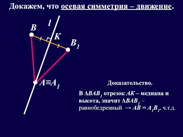 l А≡А1 В В1 К Докажем, что осевая симметрия – движение. Доказательство.