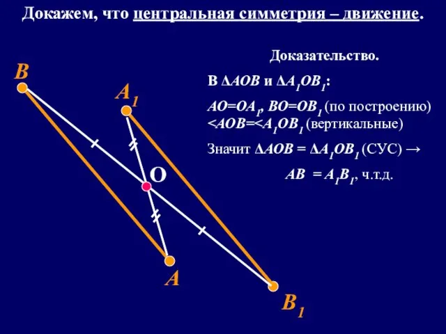 А1 В1 О А В Докажем, что центральная симметрия – движение. Доказательство.