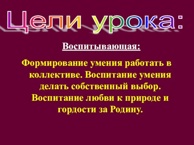 Воспитывающая: Формирование умения работать в коллективе. Воспитание умения делать собственный выбор. Воспитание