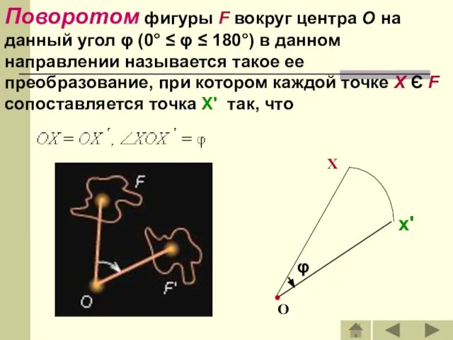 Поворотом фигуры F вокруг центра O на данный угол φ (0° ≤