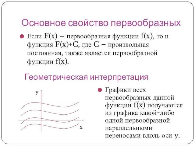 Основное свойство первообразных Если F(x) – первообразная функции f(x), то и функция