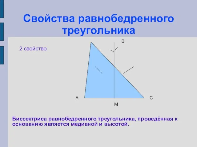 Свойства равнобедренного треугольника 2 свойство А С В М Биссектриса равнобедренного треугольника,