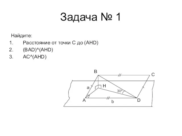Задача № 1 Найдите: Расстояние от точки C до (AHD) (BAD)^(AHD) AC^(AHD)