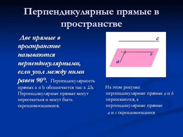 Перпендикулярные прямые в пространстве Две прямые в пространстве называются перпендикулярными, если угол