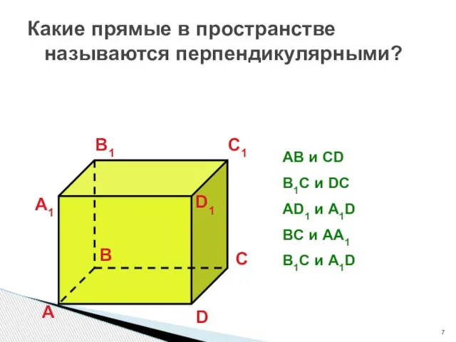 Какие прямые в пространстве называются перпендикулярными? А B C D А1 B1