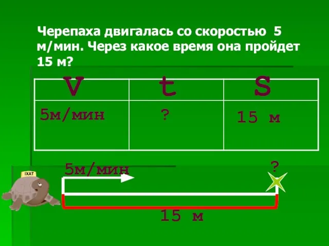 Черепаха двигалась со скоростью 5 м/мин. Через какое время она пройдет 15