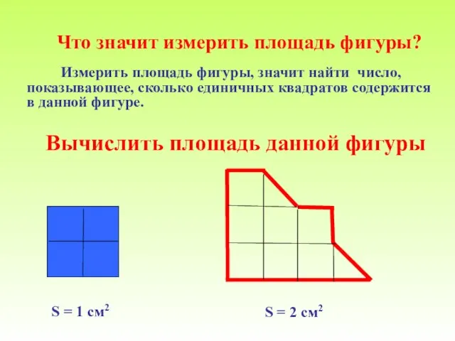Вычислить площадь данной фигуры S = 2 см2 Что значит измерить площадь