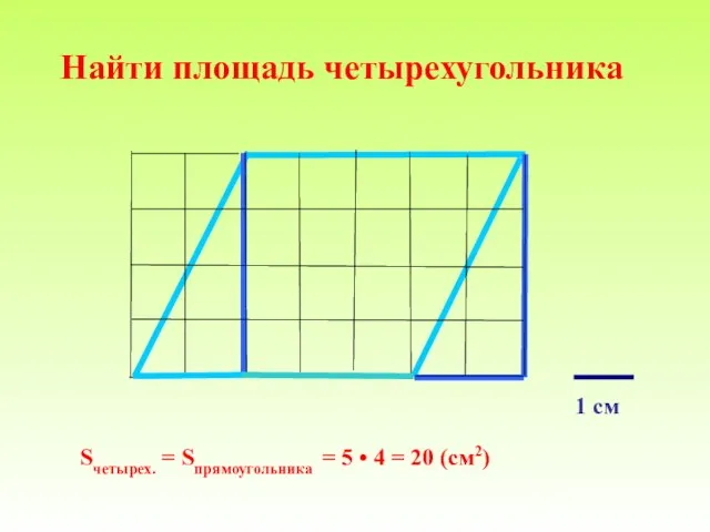 Найти площадь четырехугольника Sчетырех. = Sпрямоугольника = 5 • 4 = 20 (см2) 1 см