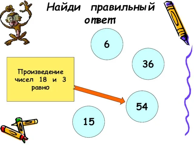 Найди правильный ответ: Произведение чисел 18 и 3 равно 6 36 54 15