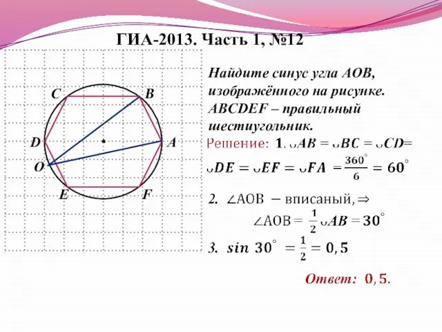 ГИА-2013. Часть 1, №12 Найдите синус угла АОВ, изображённого на рисунке. ABCDEF – правильный шестиугольник.