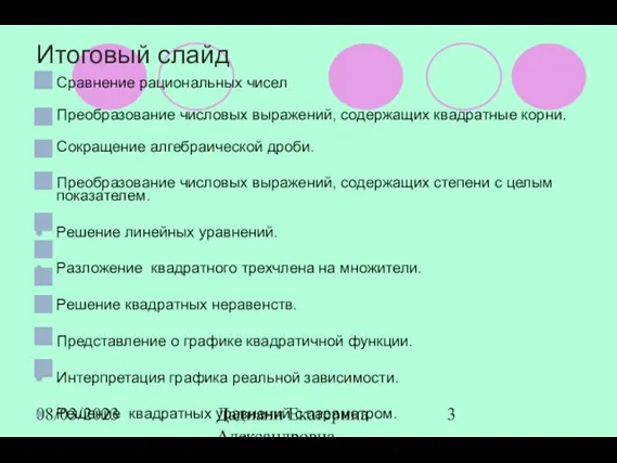 08/03/2023 Дадиани Екатерина Александровна учитель математики МОУ СОШ № 11 Итоговый слайд