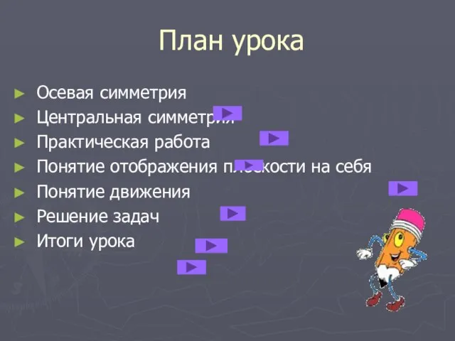 План урока Осевая симметрия Центральная симметрия Практическая работа Понятие отображения плоскости на