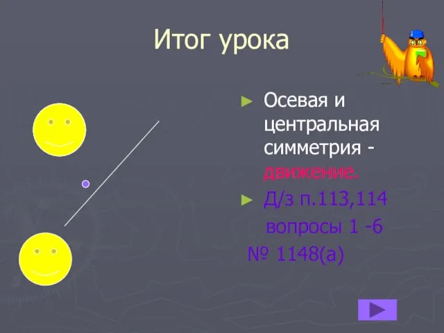 Итог урока Осевая и центральная симметрия - движение. Д/з п.113,114 вопросы 1 -6 № 1148(а)