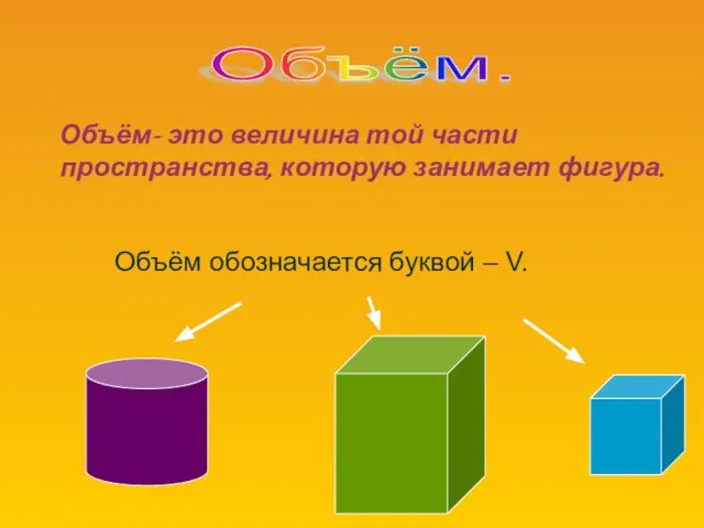 Объём- это величина той части пространства, которую занимает фигура. Объём обозначается буквой – V. Объём.
