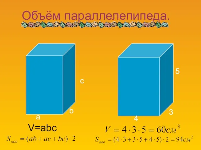 a b c V=abc 4 3 5 Объём параллелепипеда.