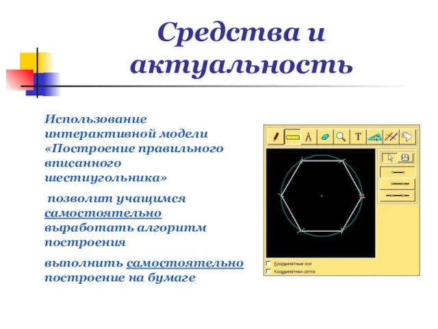 Средства и актуальность Использование интерактивной модели «Построение правильного вписанного шестиугольника» позволит учащимся