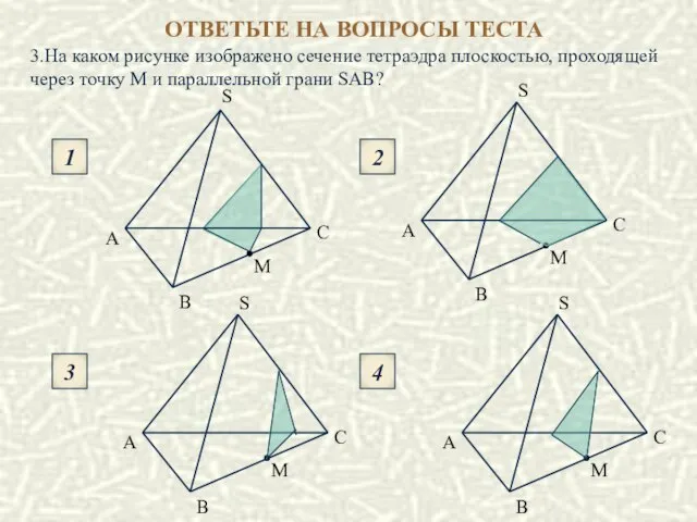 3.На каком рисунке изображено сечение тетраэдра плоскостью, проходящей через точку М и
