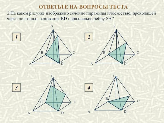 2.На каком рисунке изображено сечение пирамиды плоскостью, проходящей через диагональ основания BD