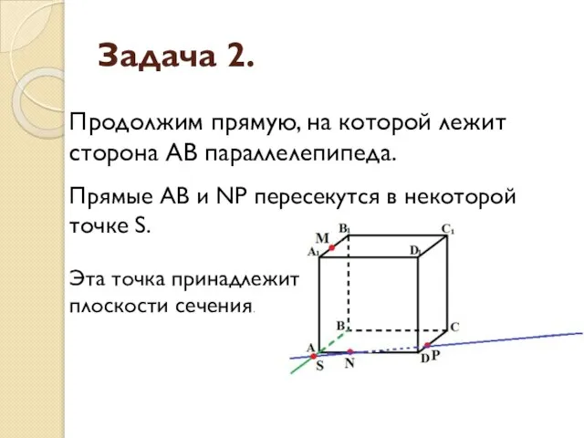 Задача 2. Продолжим прямую, на которой лежит сторона AB параллелепипеда. Прямые AB