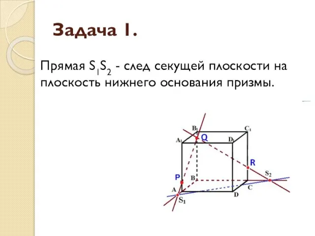 Задача 1. Прямая S1S2 - след секущей плоскости на плоскость нижнего основания призмы.