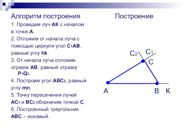 Алгоритм построения 1. Проведем луч АК с началом в точке А. 2.