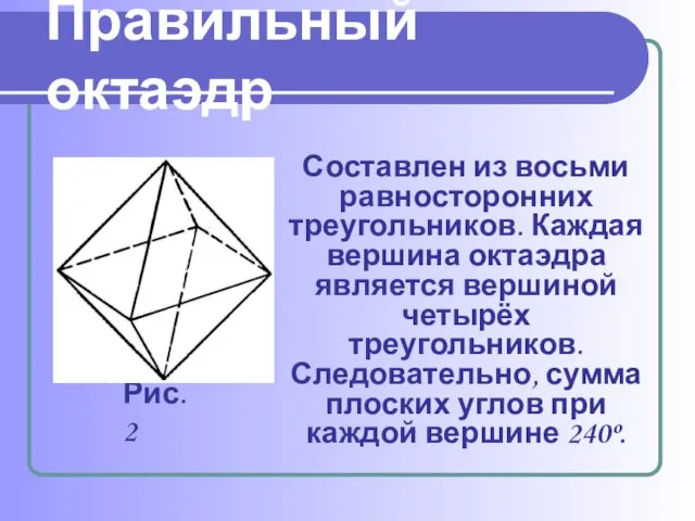 Составлен из восьми равносторонних треугольников. Каждая вершина октаэдра является вершиной четырёх треугольников.