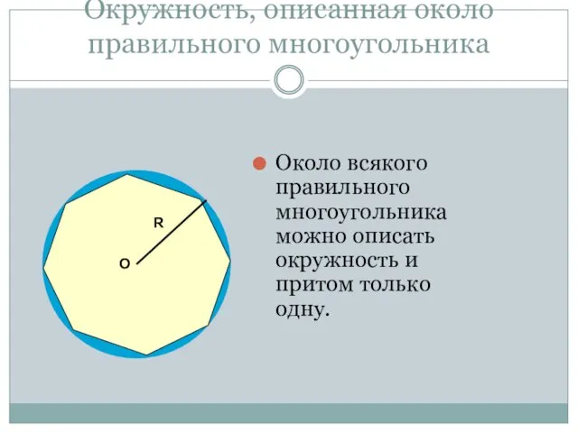 Окружность, описанная около правильного многоугольника Около всякого правильного многоугольника можно описать окружность