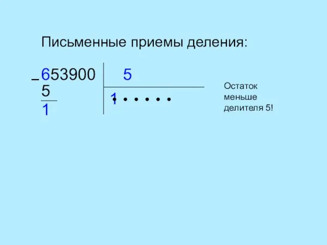 Письменные приемы деления: 5 653900 1 ● ● ● ● ● −