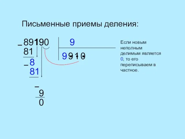 Письменные приемы деления: 9 89190 9 ● ● ● − 81 9