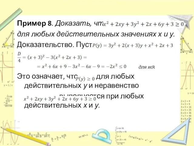 Пример 8. Доказать, что для любых действительных значениях х и у. Доказательство.