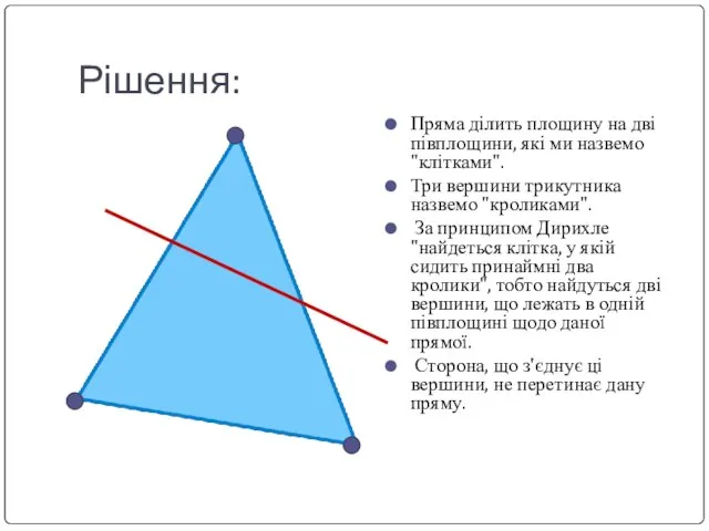 Рішення: Пряма ділить площину на дві півплощини, які ми назвемо "клітками". Три