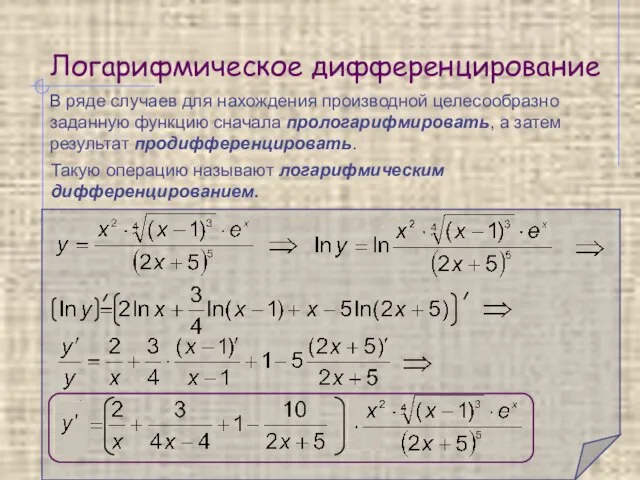 Логарифмическое дифференцирование В ряде случаев для нахождения производной целесообразно заданную функцию сначала