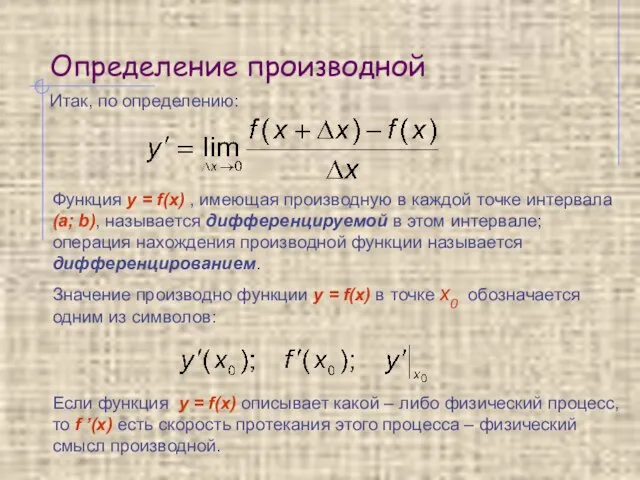 Определение производной Итак, по определению: Функция y = f(x) , имеющая производную