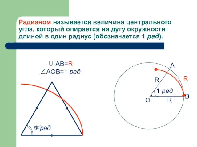 Радианом называется величина центрального угла, который опирается на дугу окружности длиной в