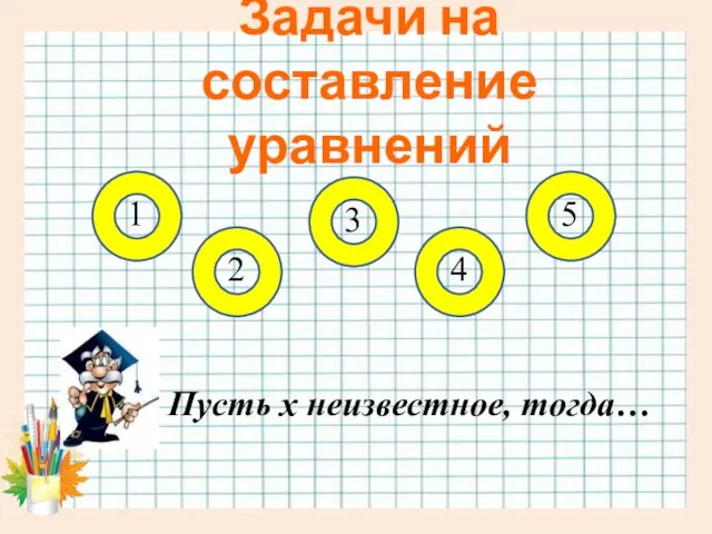 Задачи на составление уравнений Пусть х неизвестное, тогда… 1 5 3 2 4