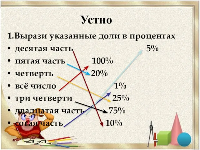 Устно 1.Вырази указанные доли в процентах десятая часть 5% пятая часть 100%