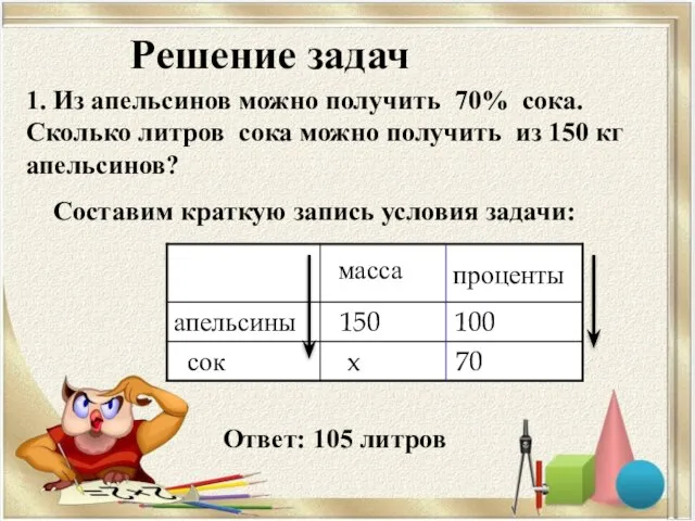 1. Из апельсинов можно получить 70% сока. Сколько литров сока можно получить