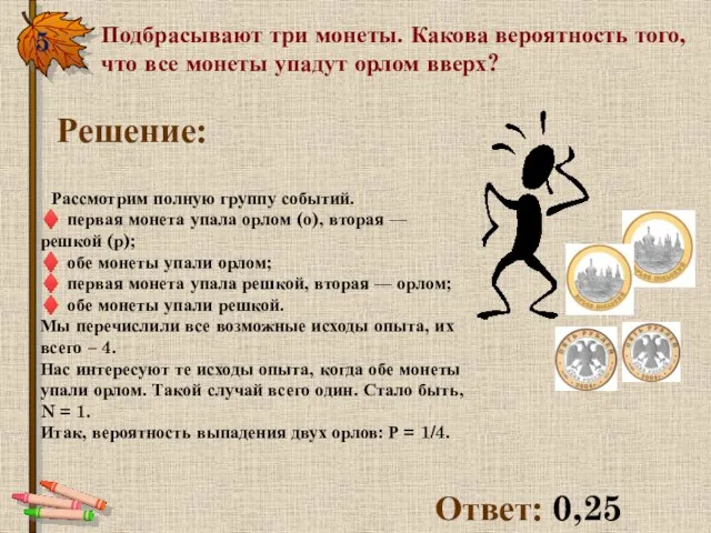 5. Подбрасывают три монеты. Какова вероятность того, что все монеты упадут орлом