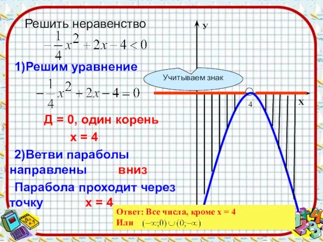 1)Решим уравнение Д = 0, один корень х = 4 2)Ветви параболы