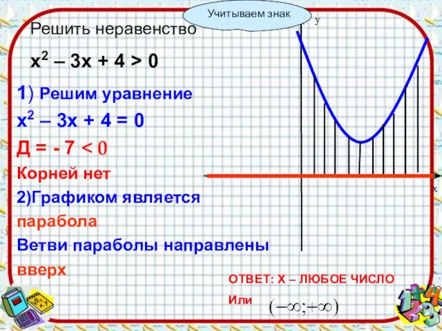 1) Решим уравнение х2 – 3х + 4 = 0 Д =