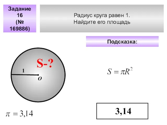 Радиус круга равен 1. Найдите его площадь Задание 16 (№ 169886) Подсказка: 3,14 S-? 1 О