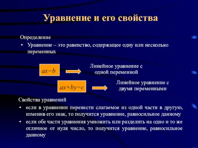 Определение Уравнение – это равенство, содержащее одну или несколько переменных Линейное уравнение