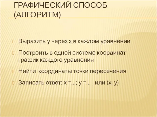 ГРАФИЧЕСКИЙ СПОСОБ (АЛГОРИТМ) Выразить у через х в каждом уравнении Построить в